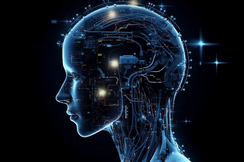 Human head from the side, looking like a robot.